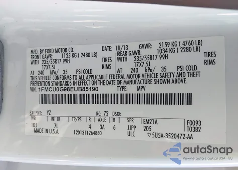 2014 Ford Escape Se from USA, damaged, VIN 1FMCU0G98EUB85190